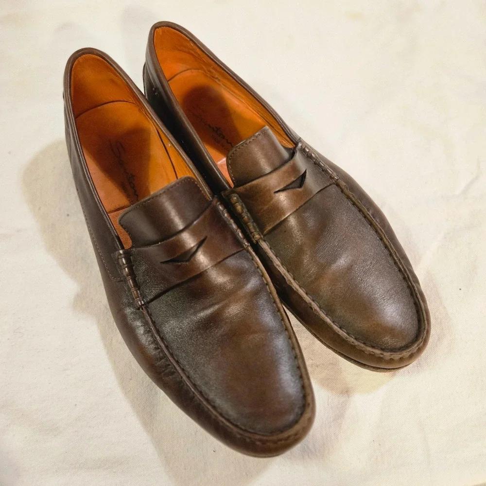Luxury Italian Leather Santoni Penny Loafers 11 D Mens Brown Slip On Shoes Italy